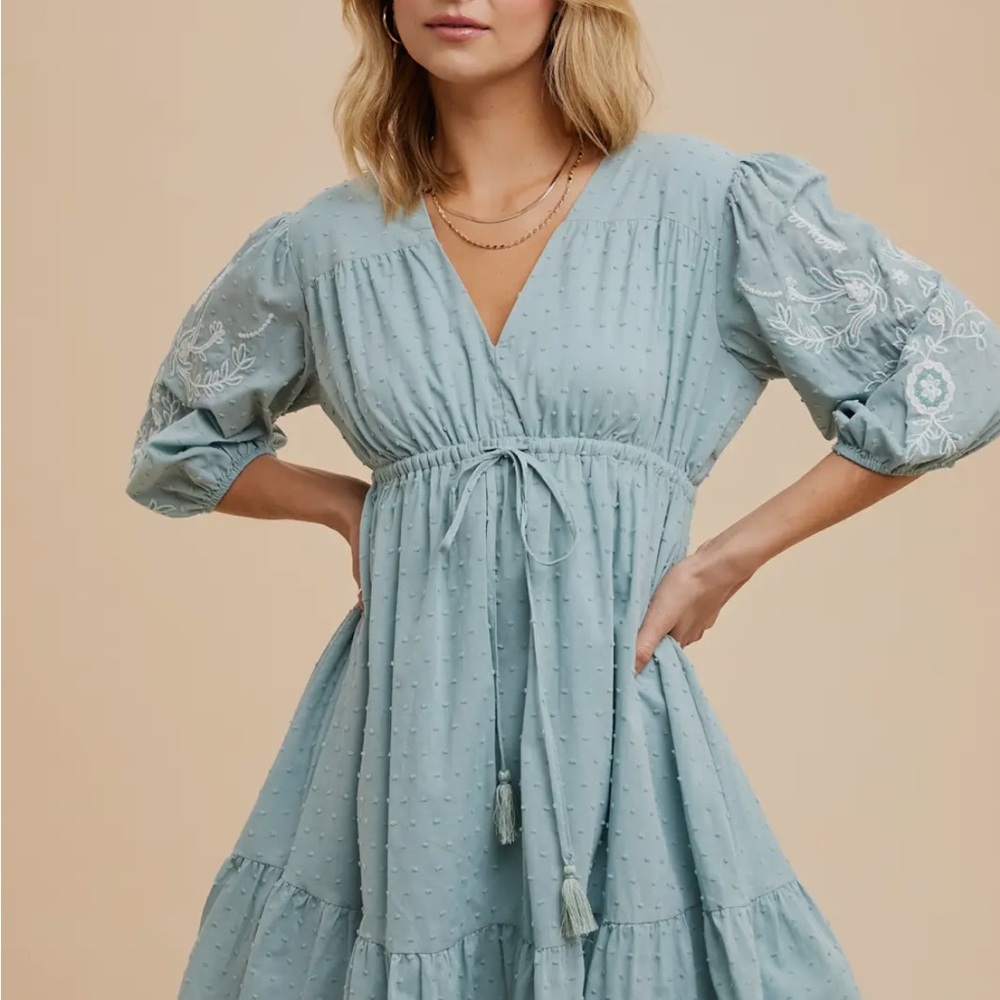 In Loom Embroidered Swiss Dot Mini Dress Dusty Seafoam